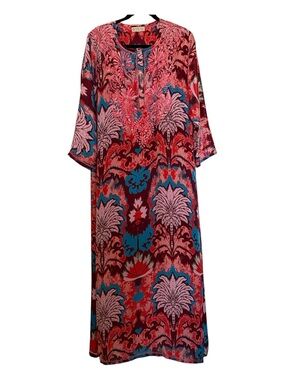 Al Jaber Gallery 100% Silk Kaftan/Dress,Pink & Blue Print,hand embroidery, M/L